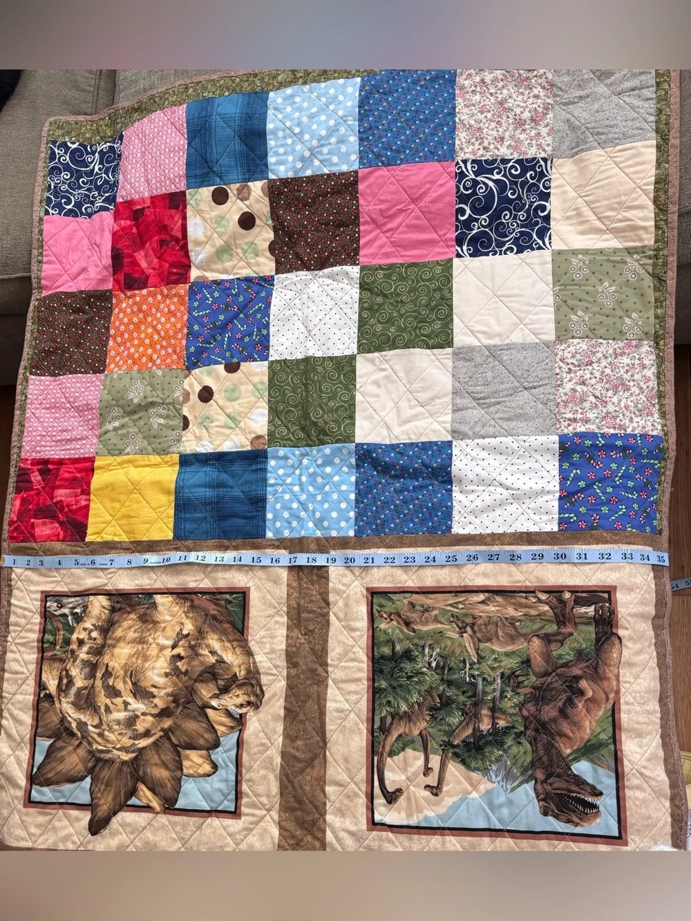 Handmade Reversible Dinosaur Baby Quilt Kids Patchwork Blanket 43x35